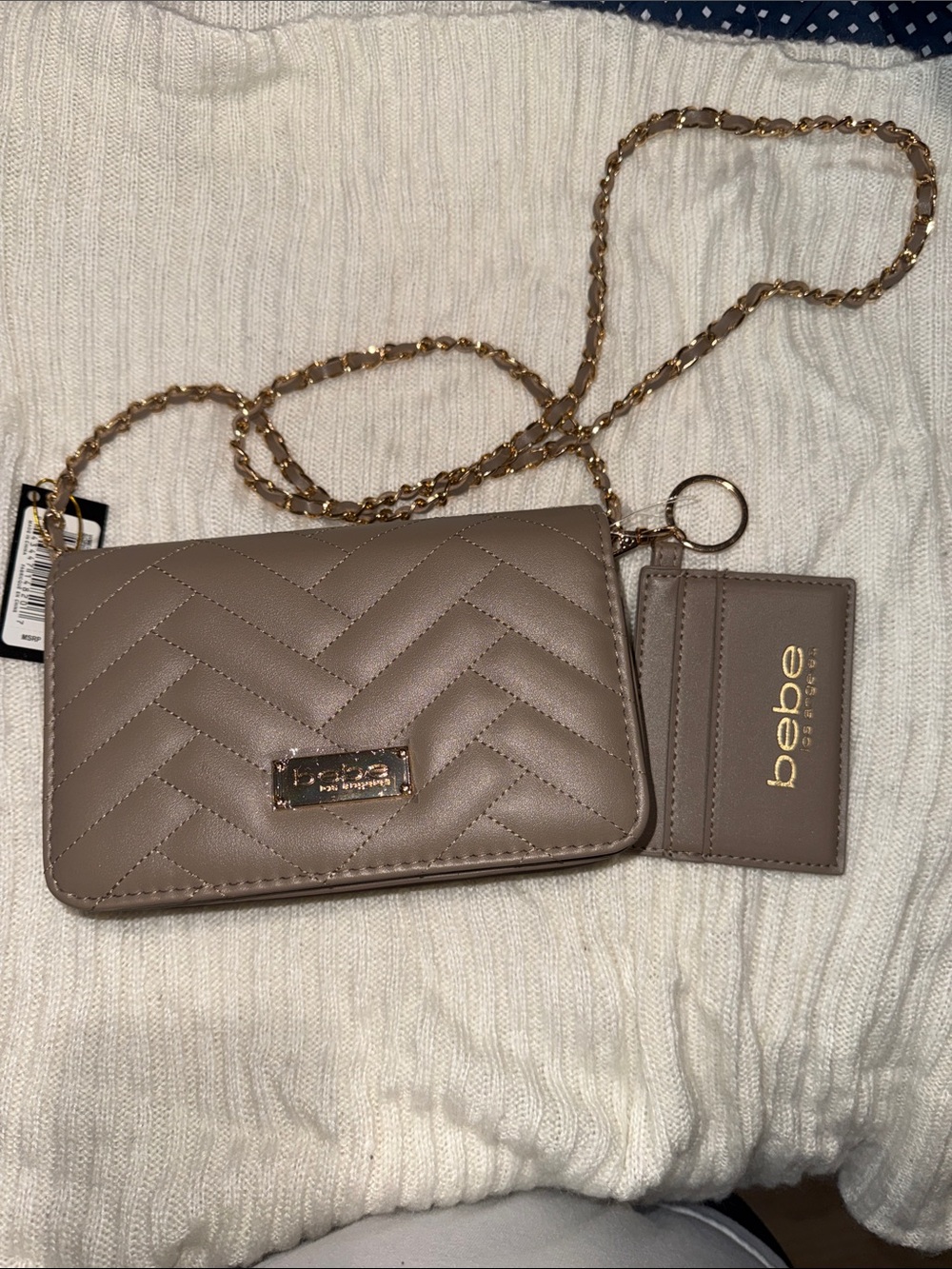 bebe Quilted Crossbody Wallet in Taupe with Gold Chain